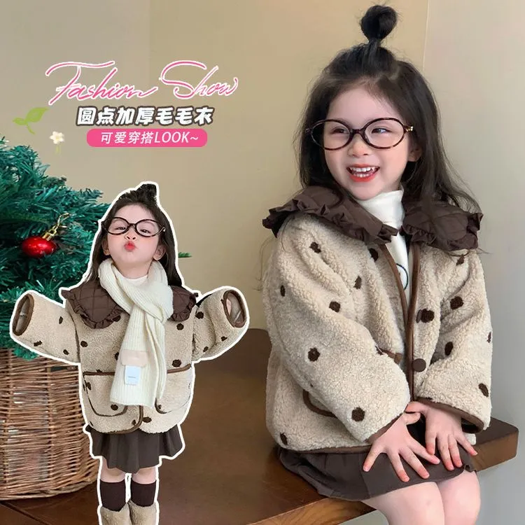 新款女童秋冬圆点毛毛衣宝宝冬款甜美娃娃领皮毛一体加厚外套女孩