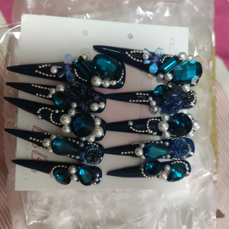 高级蓝色轻奢重工纯手工穿戴甲片个性百搭美甲成品