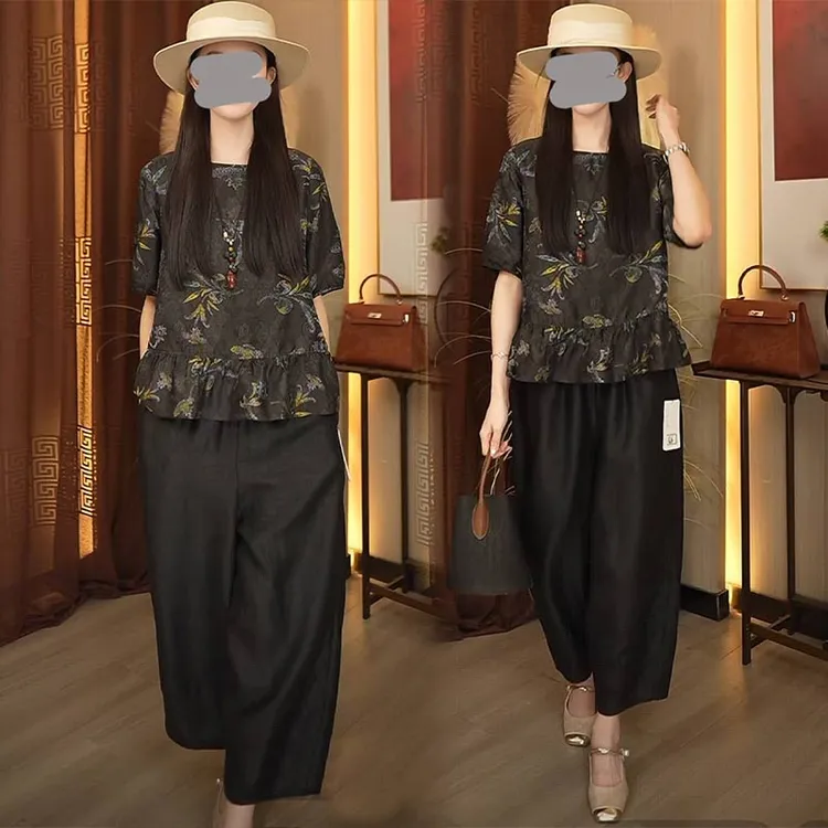 2025夏季新款韩版时尚套装女洋气圆领短袖T恤配九分休闲裤两件套