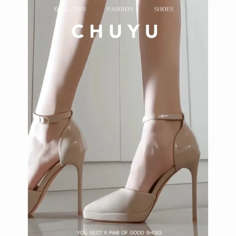 单鞋漆皮新款跟跟细超高高跟鞋尖头防水芭比台凉鞋小个子裸色女夏