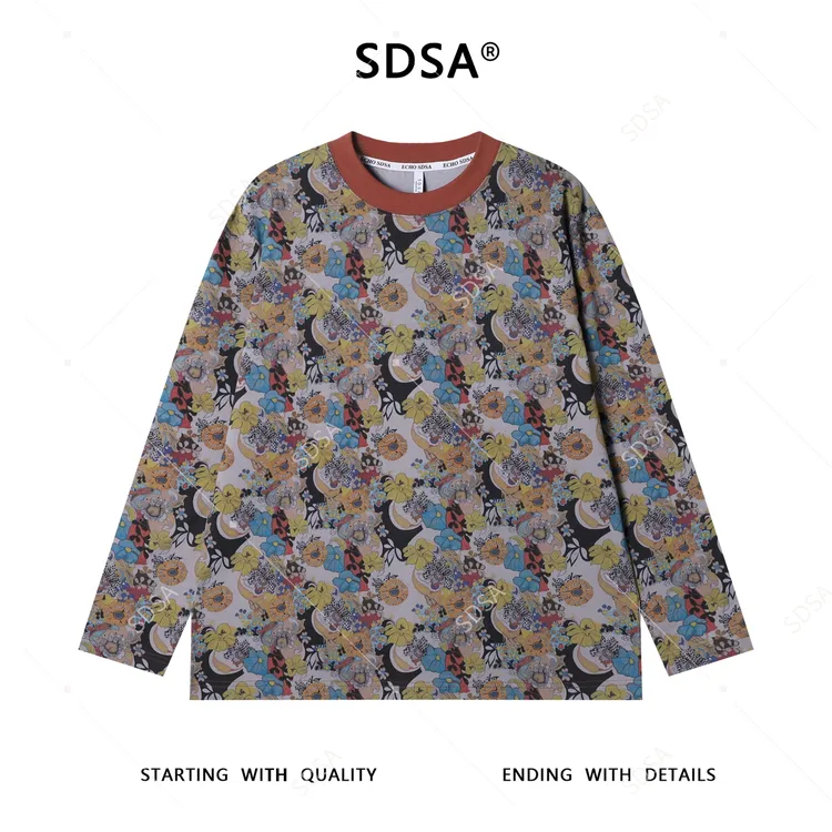 SDSA男士秋冬新款痞帅男装满印抽象植物花卉圆领长袖T恤网红款潮