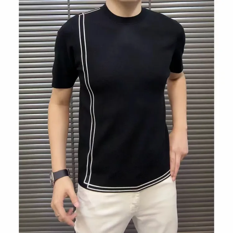 秋冬男士毛衣打针织衫简约拼色高品质商务潮流圆领短袖毛衣修身