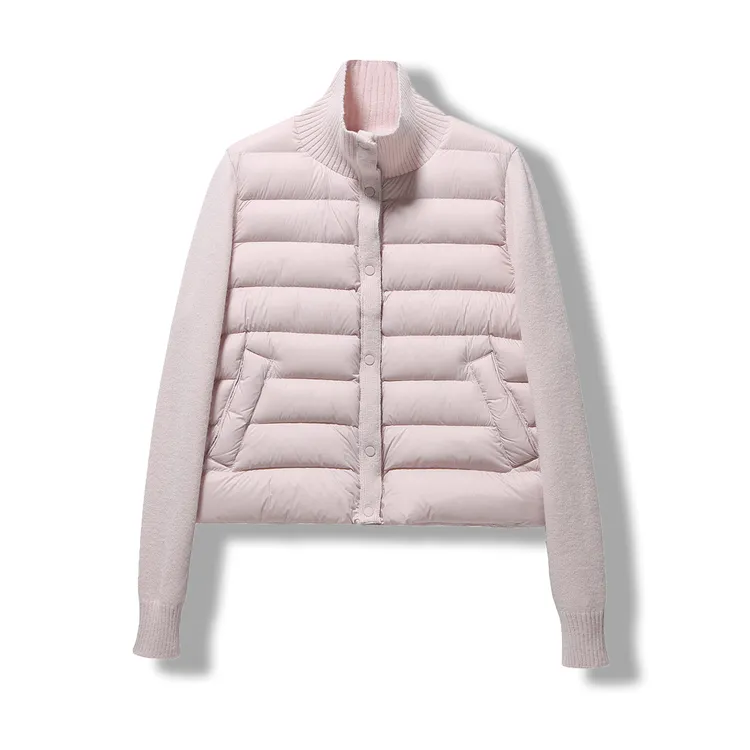 波伺登联名断码2025冬季新款针织拼接排骨羽绒服女短款立领韩版90