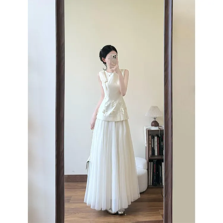 法式氛围感立体花无袖网纱长裙女夏富家千金风掐腰礼服裙子套装