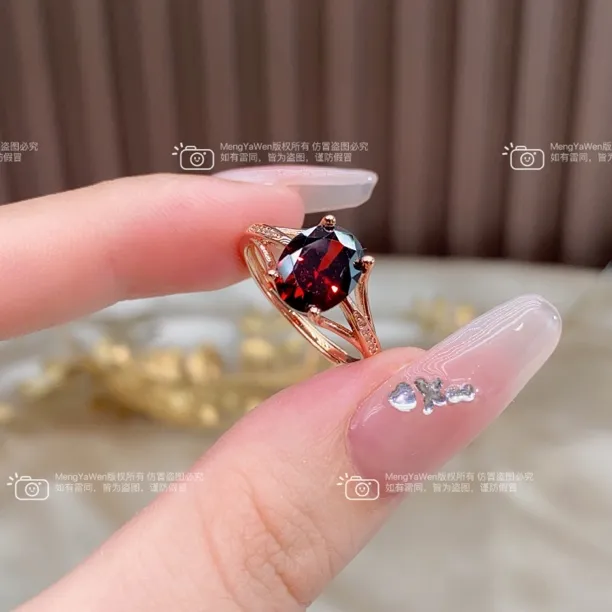 新品戒指【霓虹】8x10mm石榴红人工宝镶嵌时尚轻奢百搭戒指k3208