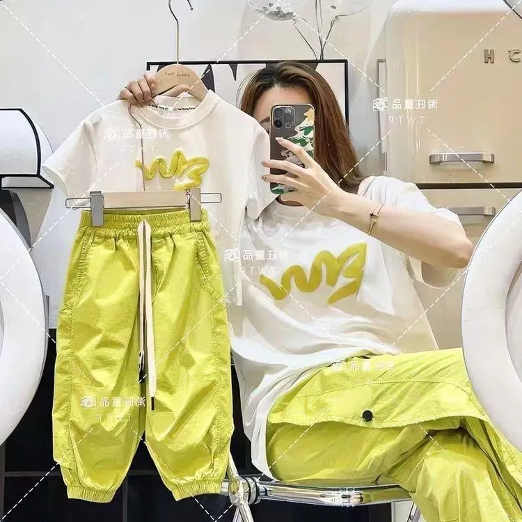 女童夏季套装女2025新款时髦洋气亲子装网红短袖哈伦裤显瘦两件TX