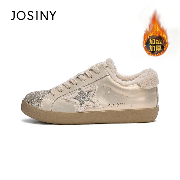 卓诗尼2025新款冬季复古星星毛毛鞋女加绒保暖休闲小白鞋百搭板鞋