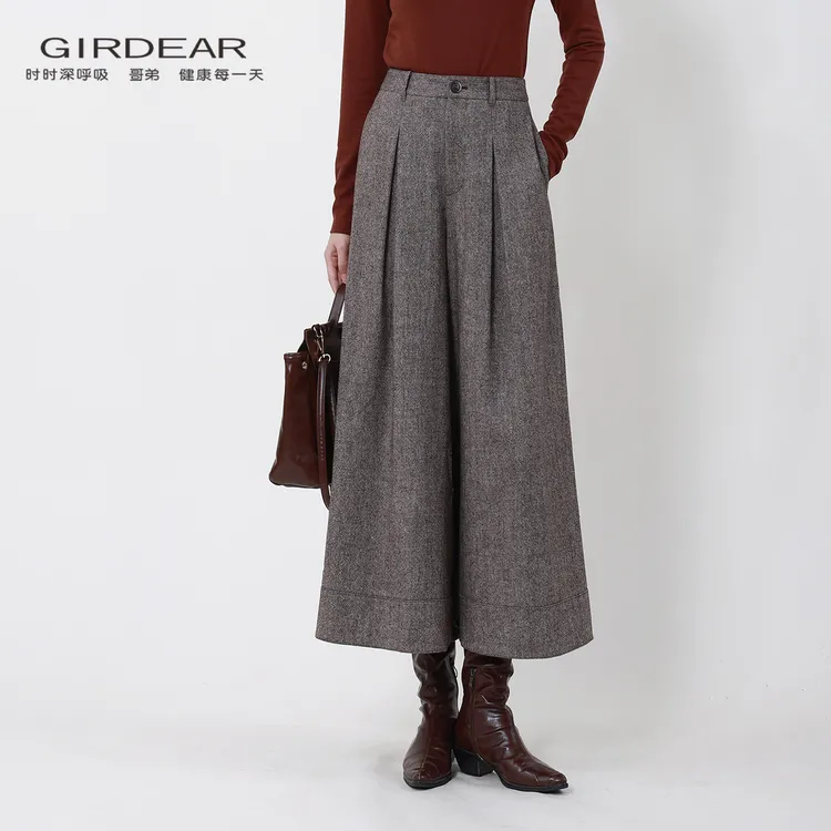 哥弟/GIRDEAR 秋季时尚百搭简约打褶设计休闲高腰阔腿裤女110023