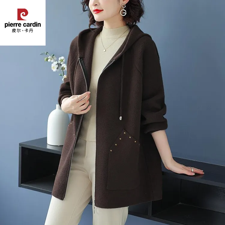 皮尔卡丹中年妈妈秋冬装毛呢外套女中长款宽松加肥加大码羊毛针织