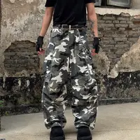 luuucam 廓形baggy迷彩褶皱工装裤 做旧可调节休闲宽松阔腿长裤
