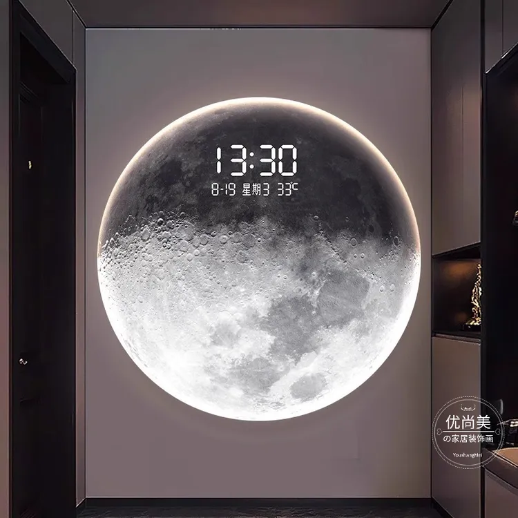 轻奢月球玄关装饰画高级感入户正对门灯画带钟表创意圆形时钟挂画