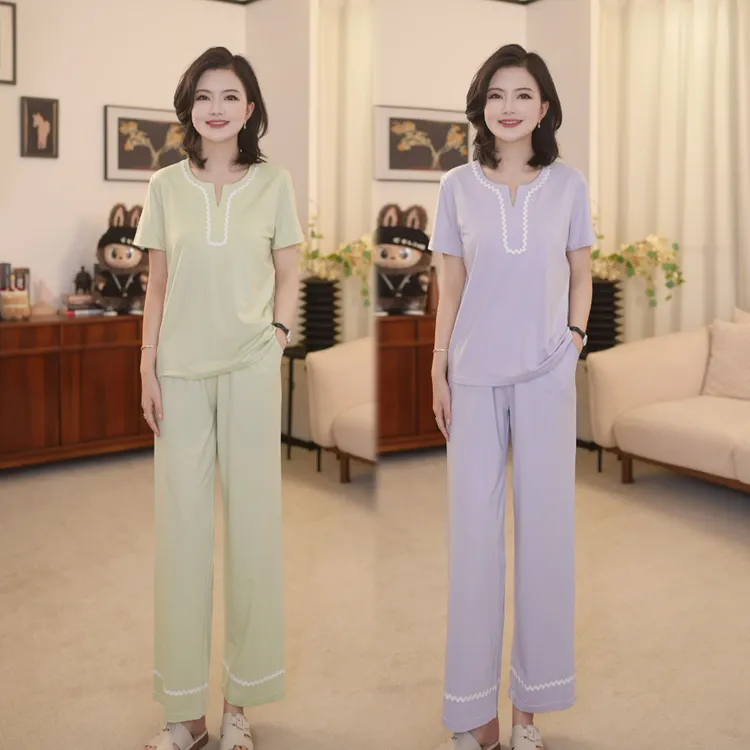 【自带胸垫睡衣】阿楠anan莱赛尔圆V领花边睡衣睡裤女士家居服套装