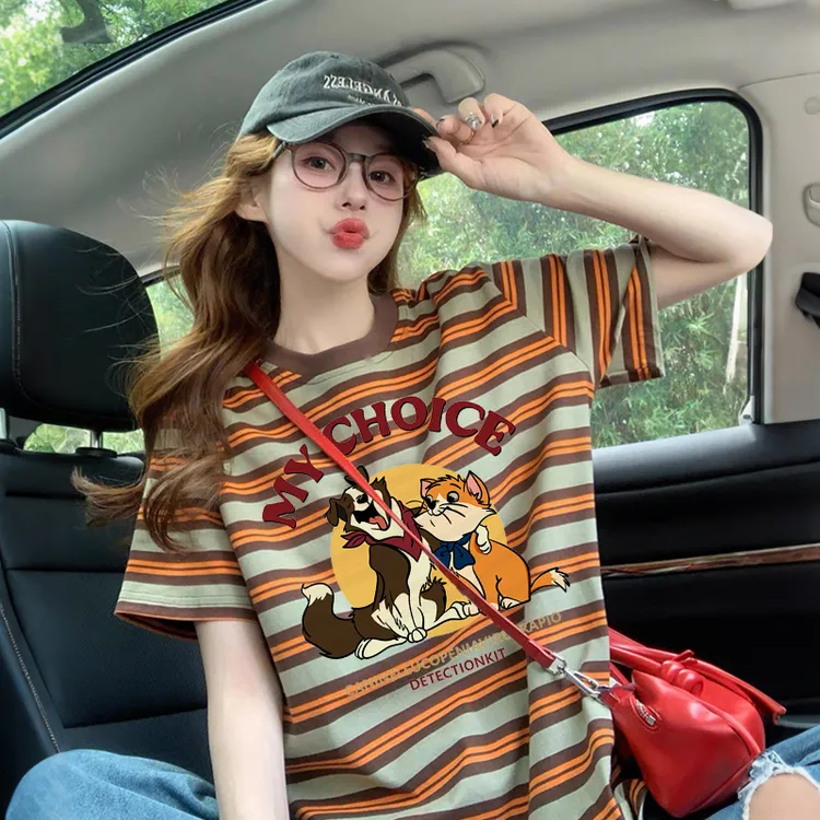 条纹印花短袖T恤女2025新款夏季设计感宽松减龄上衣