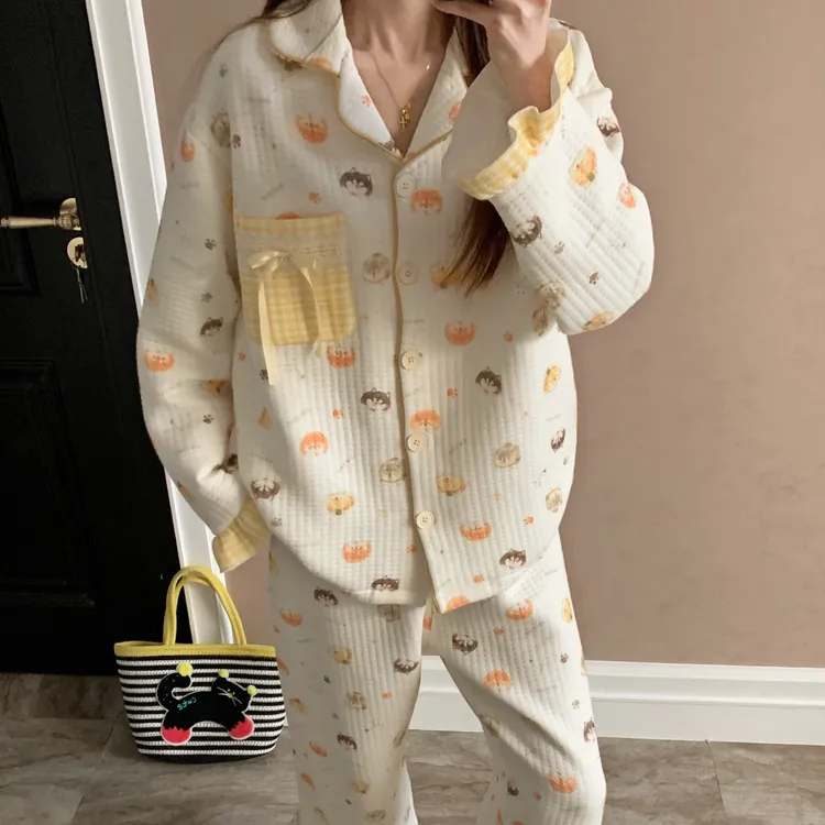 可外穿睡衣女秋冬季空气棉夹层开衫黄色蝴蝶结可爱猫咪保暖家居服