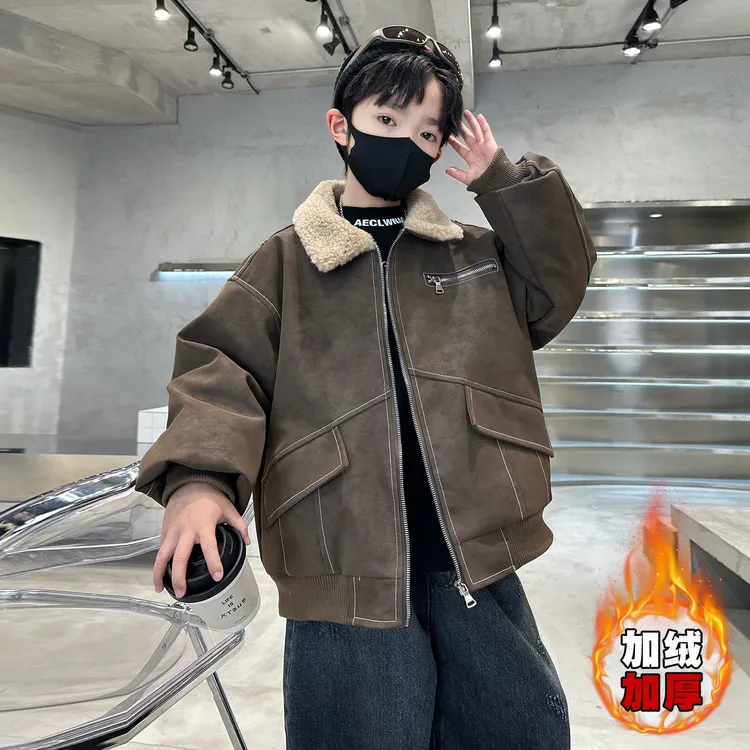 男童秋冬款皮衣外套加绒加厚2025新款大童冬装儿童男孩帅气皮夹克