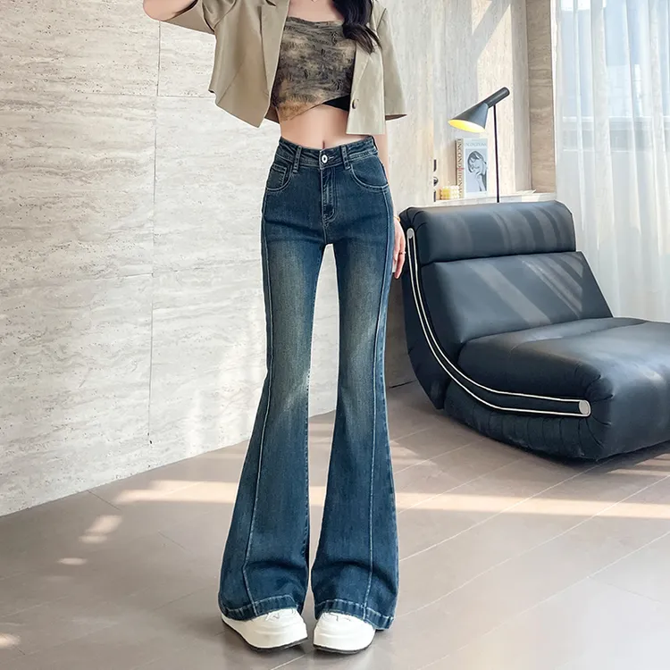 蓝灰色微喇叭牛仔裤女2025春秋季高腰弹力拼接小个子马蹄裤长裤子