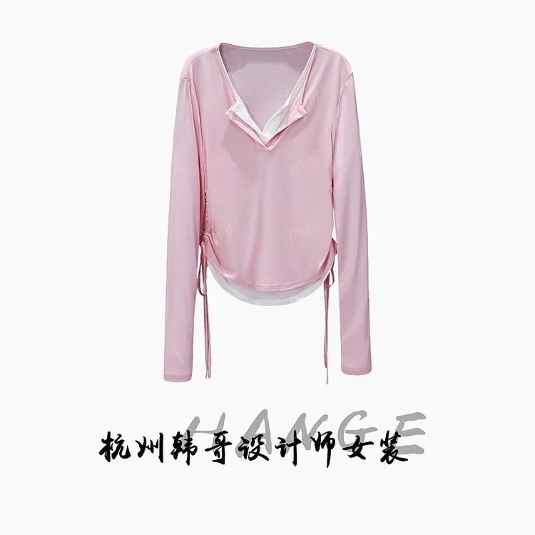 【韩哥女装】冰丝轻薄假两件简约休闲收腰冰梅粉长袖T恤/3239-A2
