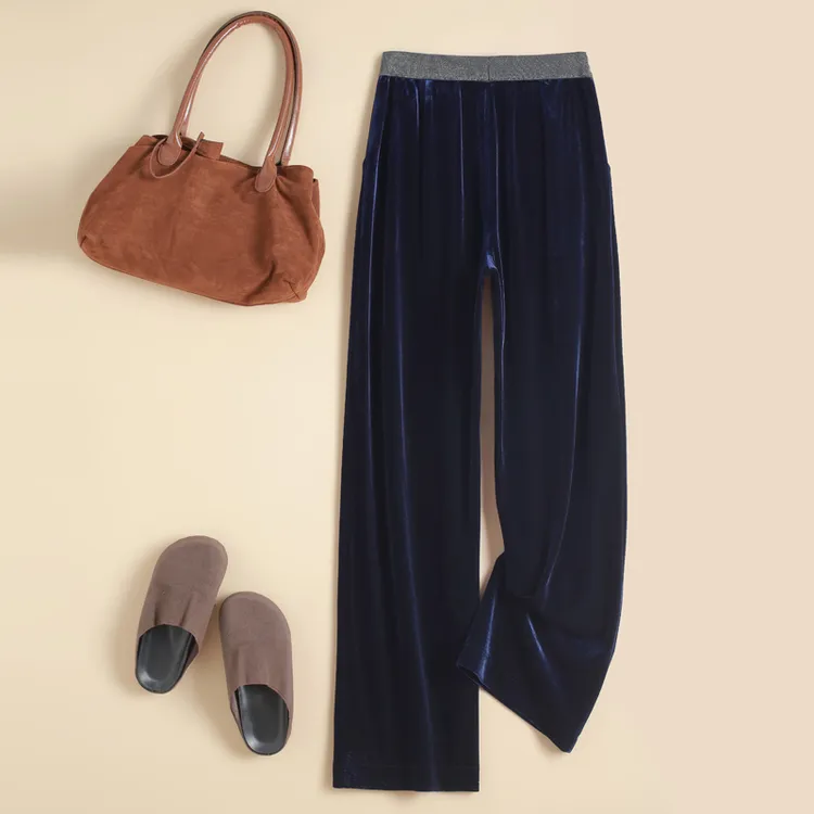 桑蚕丝丝绒窄版阔腿裤4.0腰部撞色休闲裤秋冬高腰垂感拖地长裤女