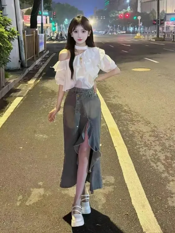 韩系穿搭套装女荷叶边挂脖短袖衬衫+高腰不规则牛仔半身裙两件套
