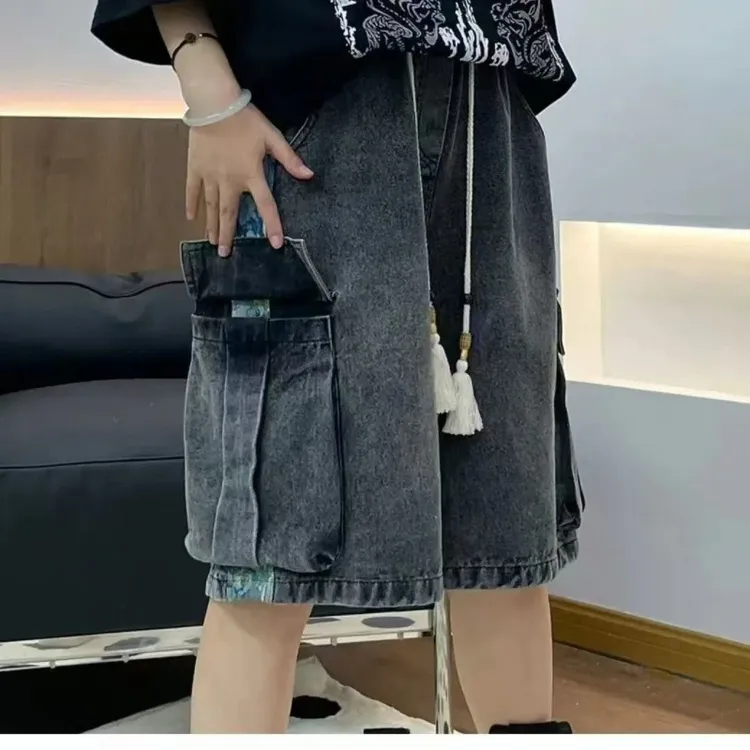 夏季薄款美式复古提花牛仔短裤男宽直筒休闲潮流多巴胺五分裤子
