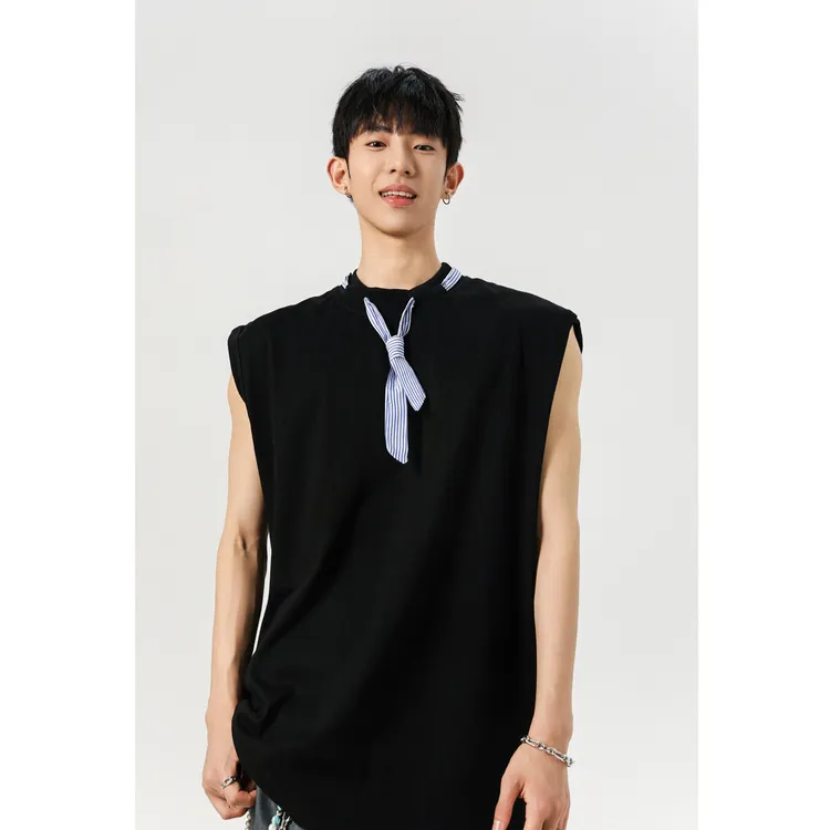 条纹方巾拼接设计重磅无袖t恤背心男生夏季美式潮牌痞帅篮球马甲