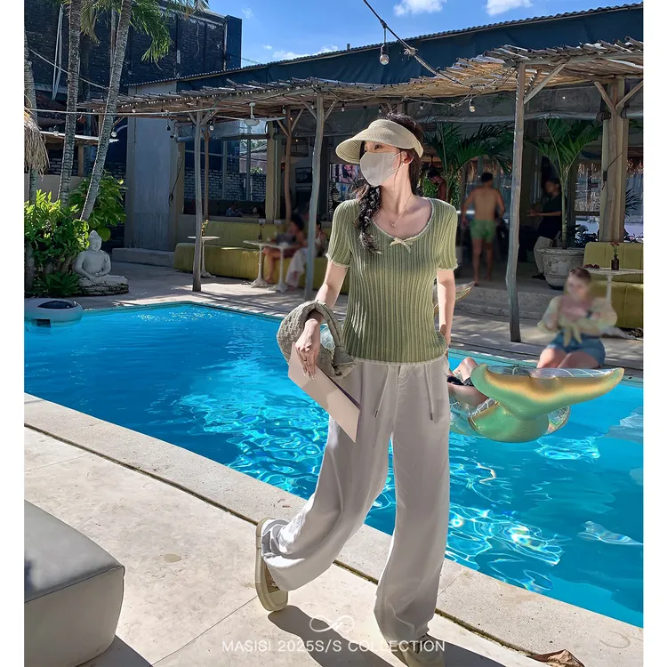 马西西大码女装百搭白色系带休闲裤夏季胖mm宽松显瘦休闲直筒裤子