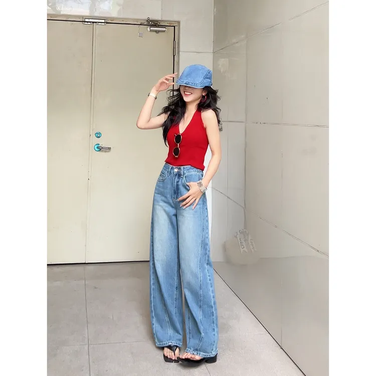 【蓝以抵挡】秋冬小个子弯刀阔腿裤女士新款裤子百搭牛仔裤抖音双11