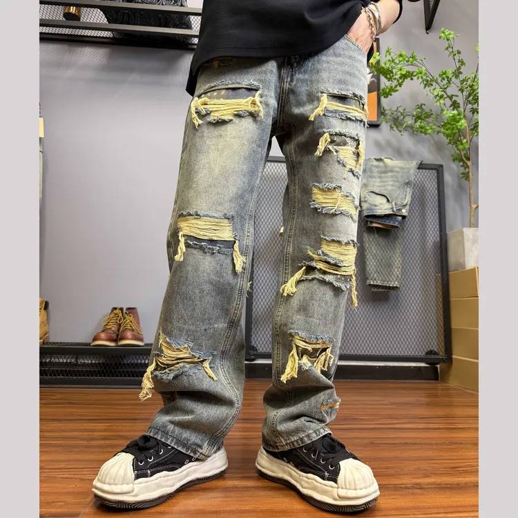 美式高街宽松直筒牛仔裤男士潮牌长裤痞帅破洞补丁垂感拖地裤C629