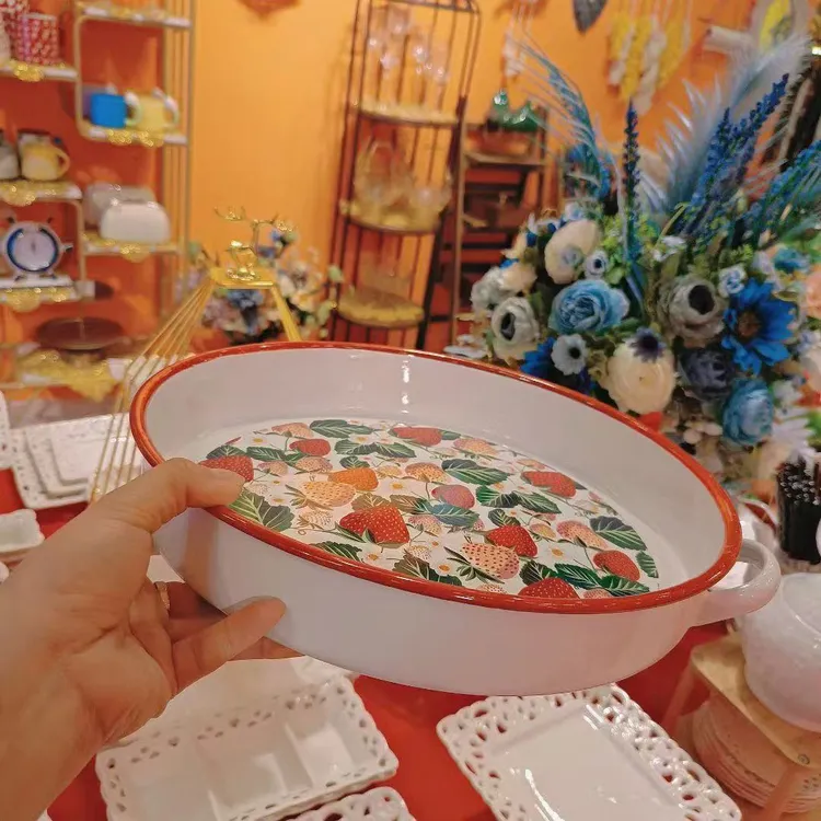 【简爱好物新疆包邮】网红双儿搪瓷盘子家用陶瓷手绘双耳碗手绘