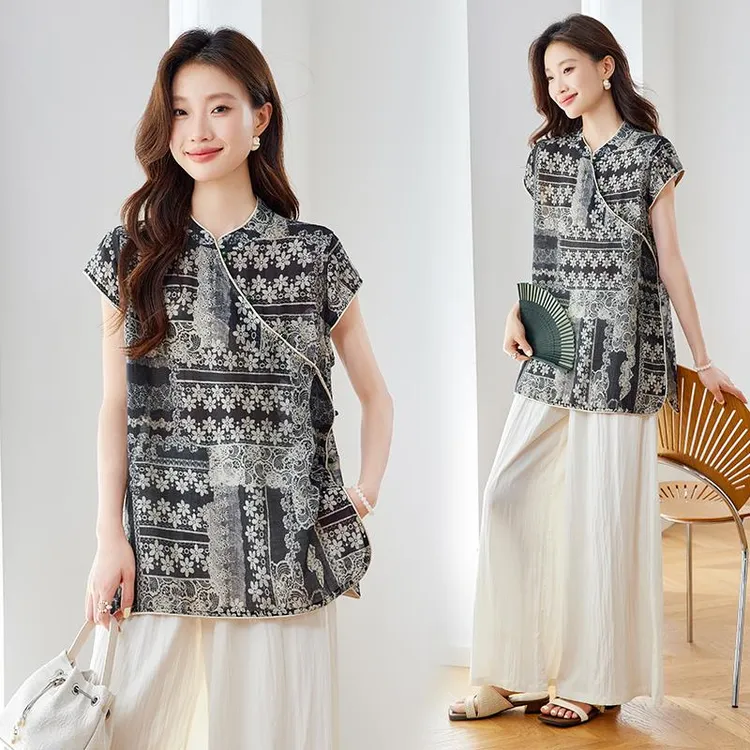 VONSRMAN国风印花上衣女舒适凉快套装女夏新款气质感40减龄穿搭一