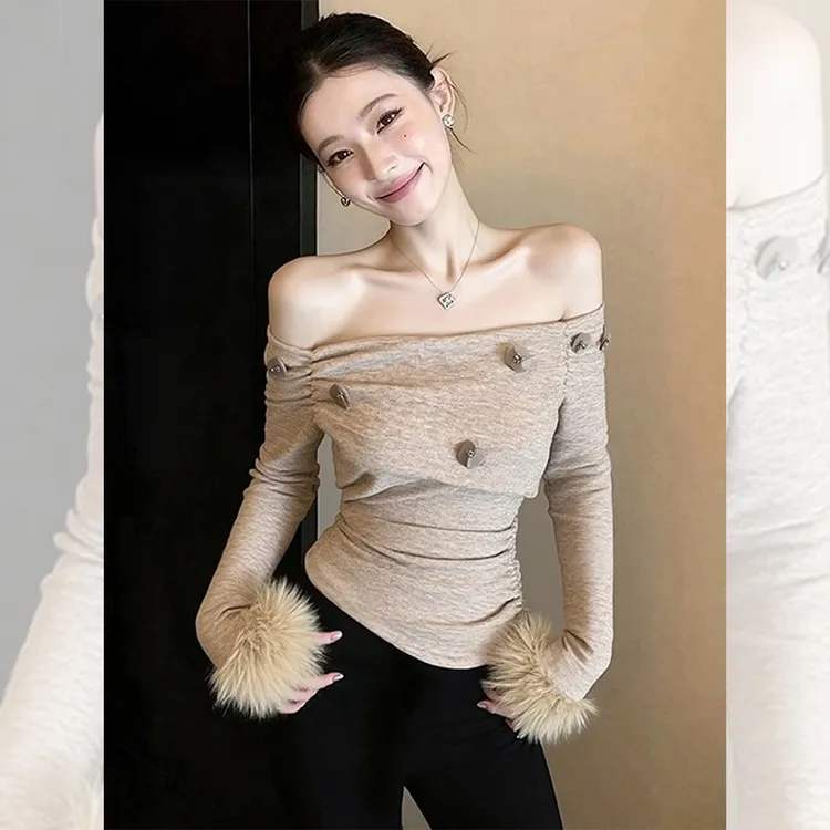 独特漂亮一字肩小衫内搭打底长袖t恤洋气百搭露肩毛边上衣女秋冬