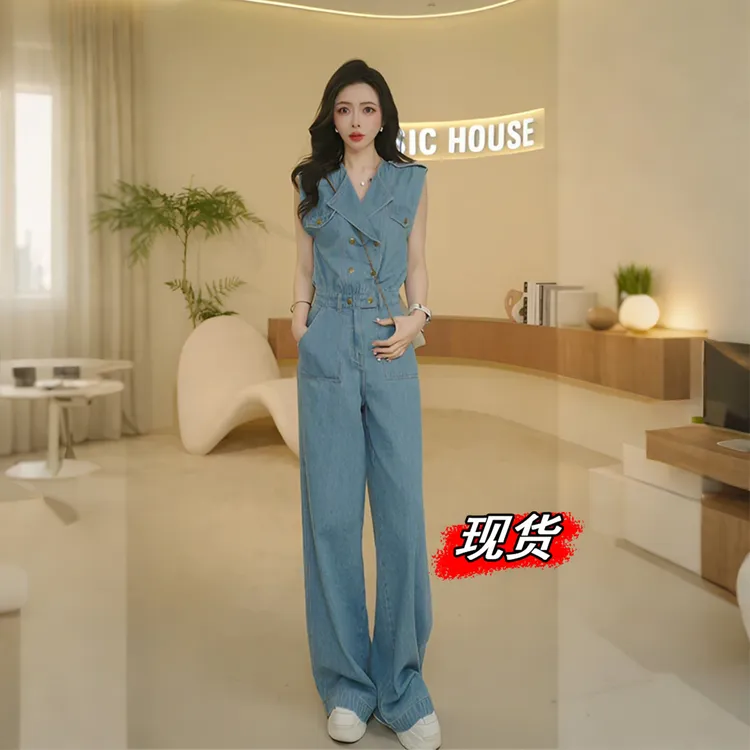 韩版气质无袖牛仔连体裤女夏季新款高个子时髦收腰直筒阔腿长裤子