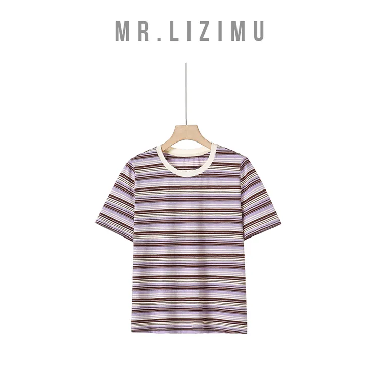 李子木先生经典款拼接圆领撞色条纹显瘦宽松感T恤「夏上新」D6356