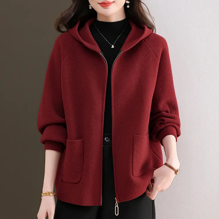 秋冬新款连帽毛呢外套女士休闲时尚百搭洋气针织开衫宽松大码上衣