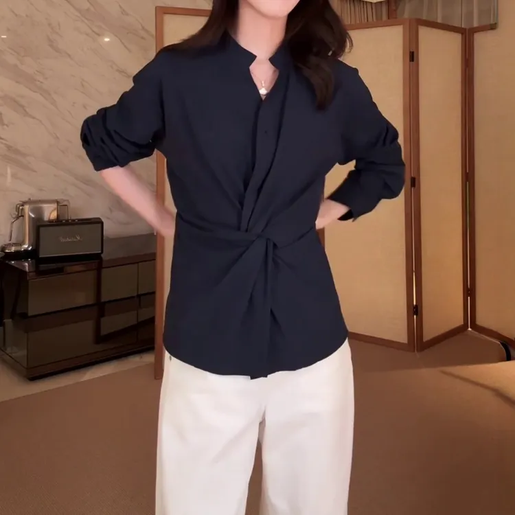 韩系扭结收腰通勤衬衫今年流行的爆款女装新款衬衣独特巨好看上衣