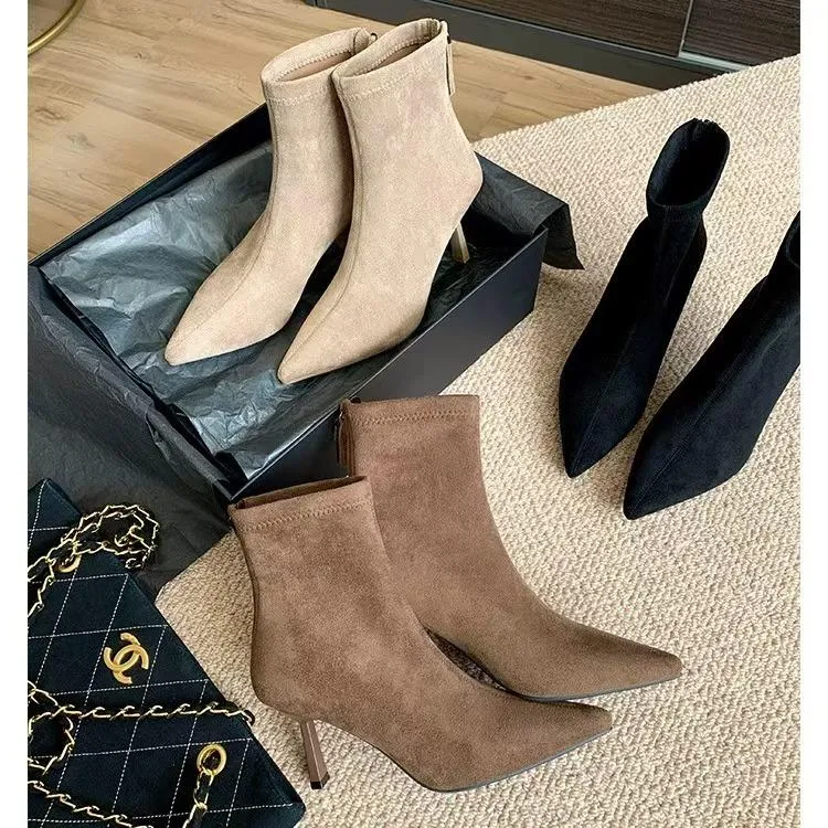 大姚家高跟鞋大姚女靴女鞋大姚女鞋尖头细跟瘦瘦靴女绒面后拉链软