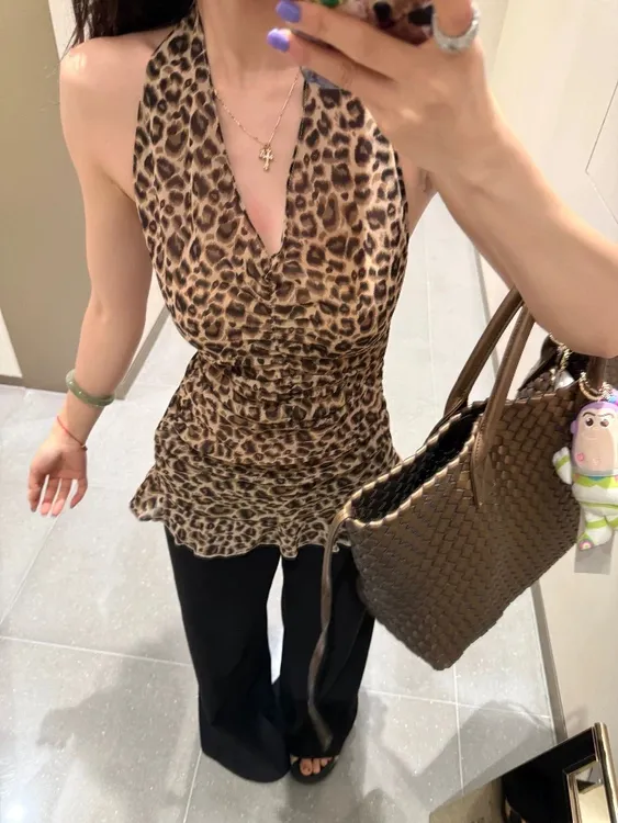 美式甜酷辣妹豹纹挂脖V领吊带背心女夏季2025新款外穿无袖t恤上衣