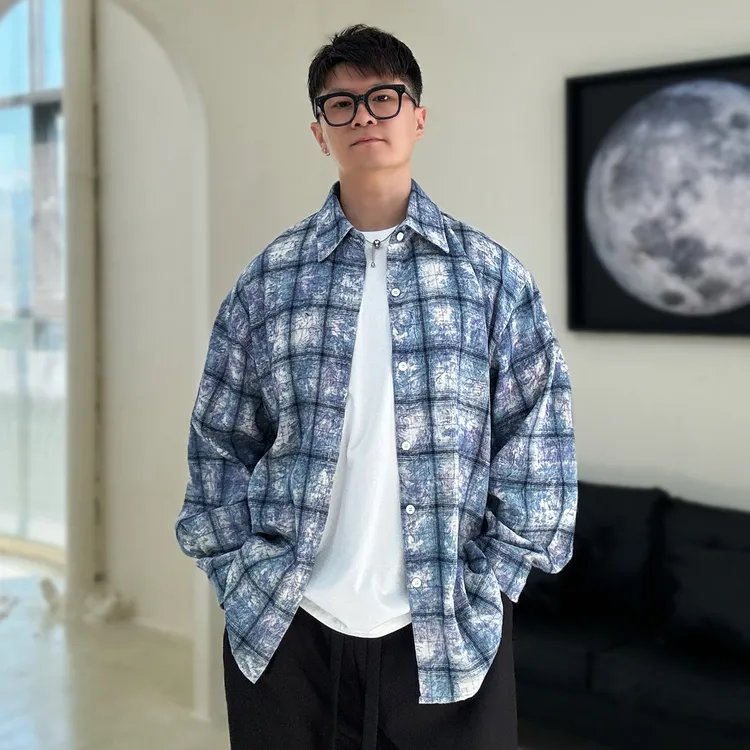 陆星家【重工扎染格】高级感秋季压褶外套男士宽松休闲长袖衬衫C216