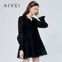 AIVEI欣贺艾薇2022春新镶钻蝴蝶结V领高腰减龄娃娃连衣裙P016S072