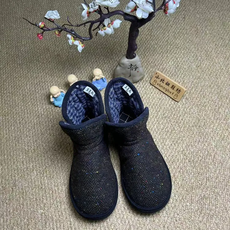 小北妞冬季彩色毛呢中帮千层底棉花鞋透气软底女鞋冬季时尚棉鞋