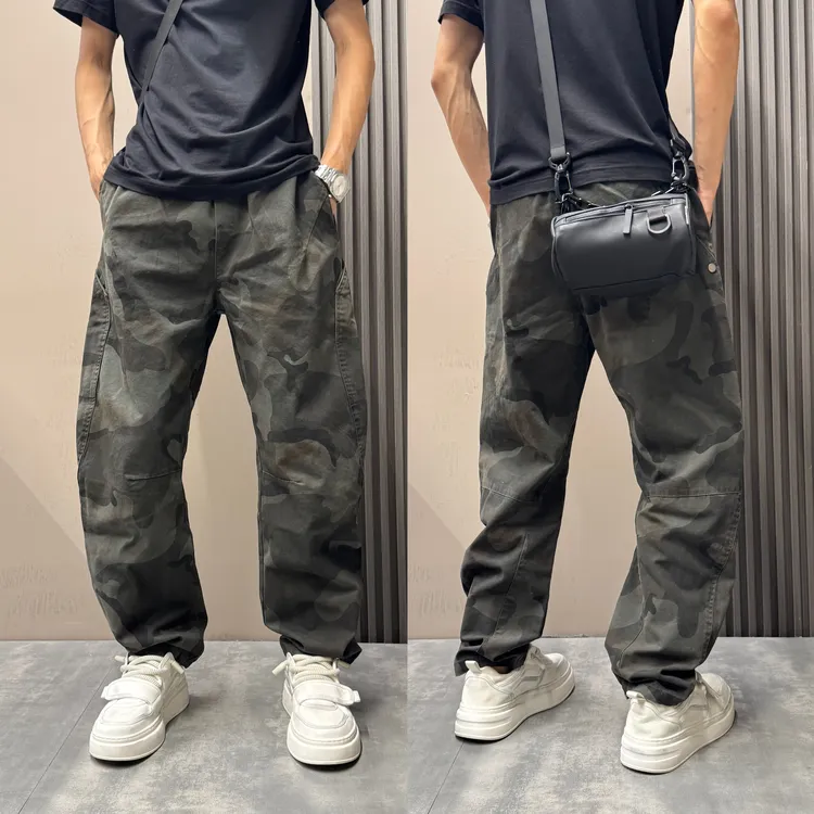 2025秋季新款美式复古迷彩工装休闲裤男士宽松长裤潮流痞帅弯刀裤