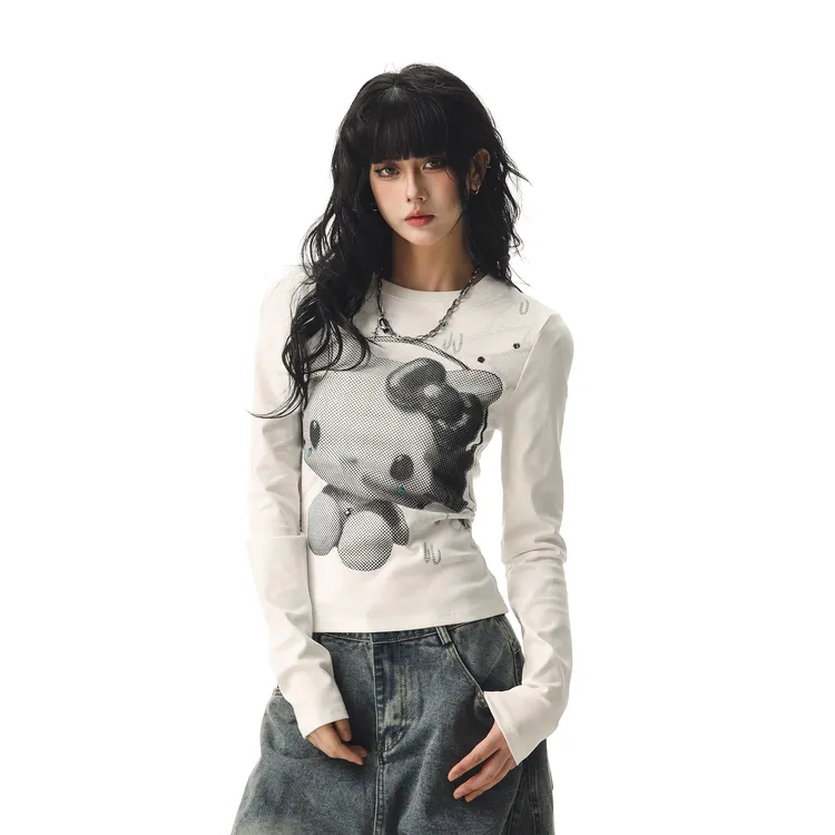 CTB啤酒队长 美式辣妹Kitty猫印花长袖T恤女秋冬修身显瘦打底上衣