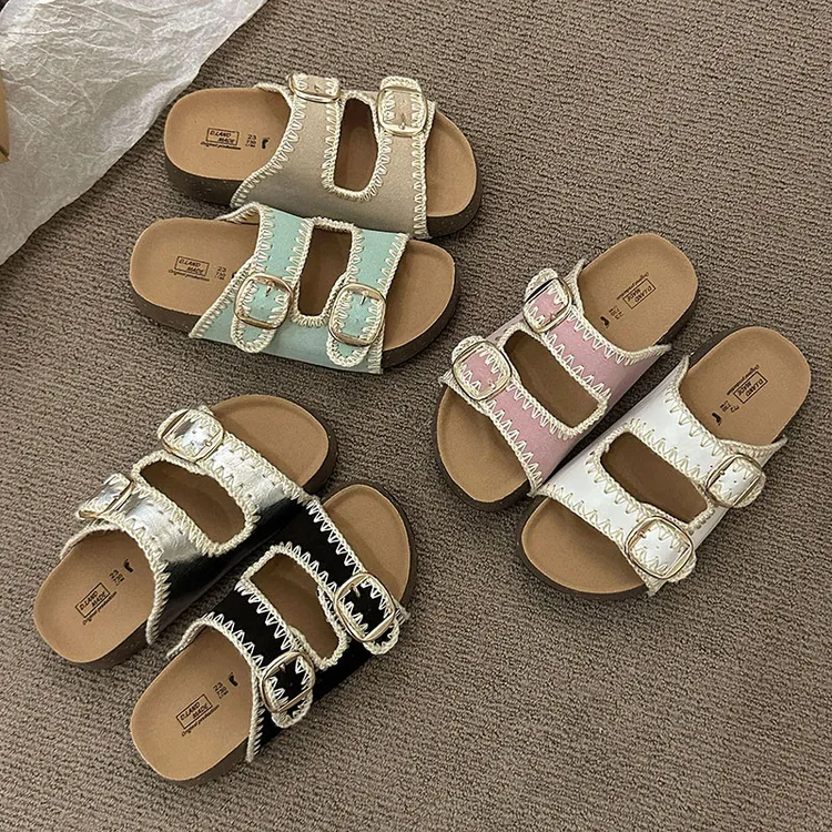2025年夏季复古编织厚底勃肯拖鞋女增高一字带露趾凉鞋时尚沙滩鞋