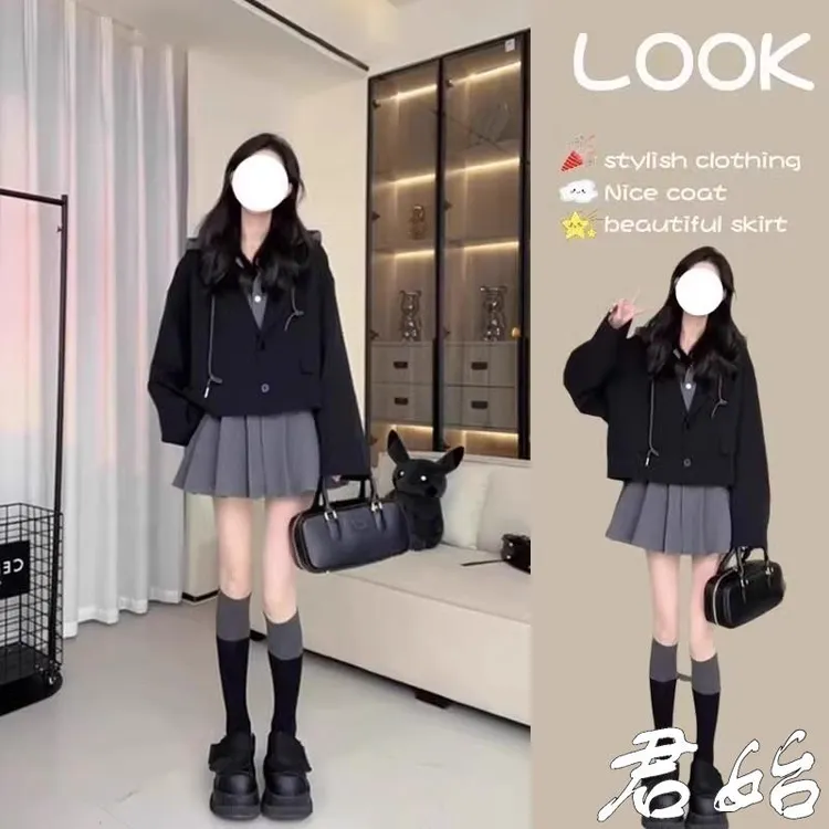 休闲宽松假两件学院风西装卫衣短裙拼接外套秋装女款爆款2025新款