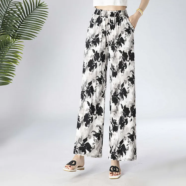 2025夏季时尚高腰弹力阔腿裤薄款宽松版型直筒裤花色百搭休闲裤
