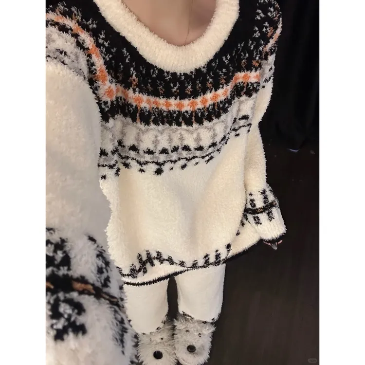 复古民族风针织半边绒睡衣女秋冬新款大码加绒加厚保暖家居服套装