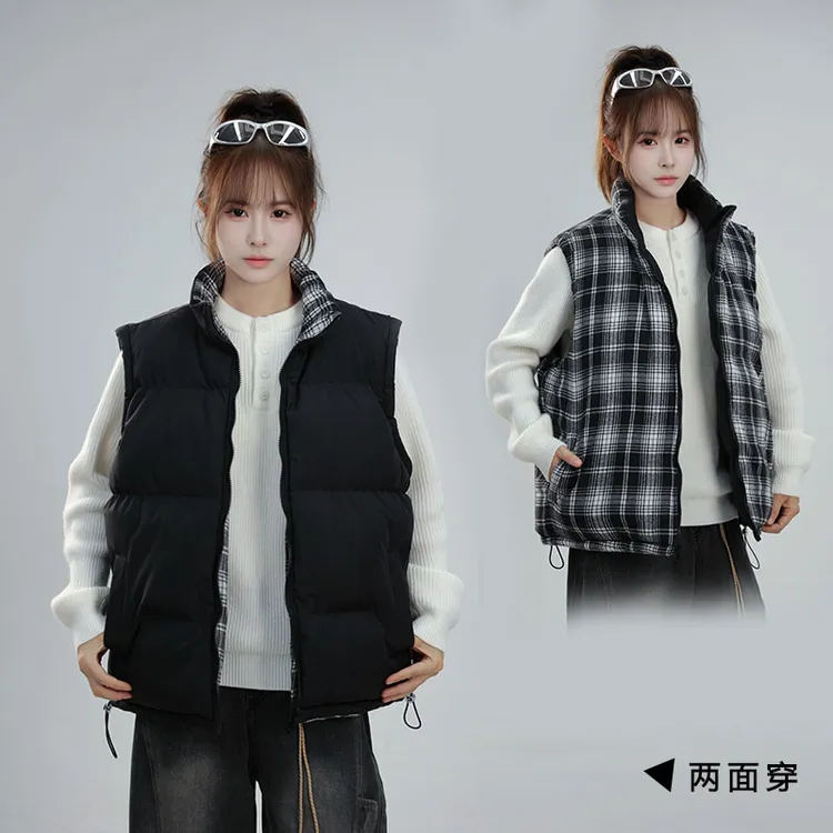 双面穿男士马甲外套立领加厚保暖无袖男装上衣男款冬季格子棉衣