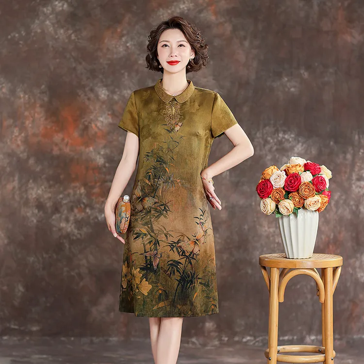 齐黛新中式花罗香云纱高端连衣裙女2025新款刺绣小个子妈妈真丝裙