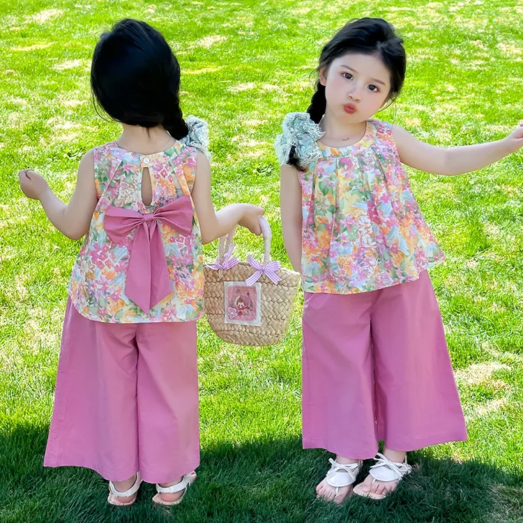 女童夏装套装女宝2025新款小女孩无袖碎花上衣阔腿裤韩版洋气休闲