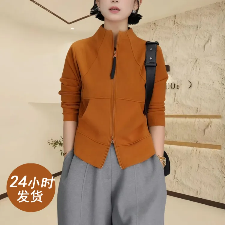 秋季时尚双拉链立领空气棉卫衣女上衣修身显瘦百搭短款开衫外套女